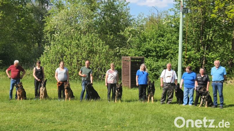Die Prüfungsteilnehmer mit ihren Hunden sowie Leistungsrichter Edgar Hornung (rechts im Bild). Bild: Hannelore Bäter/exb