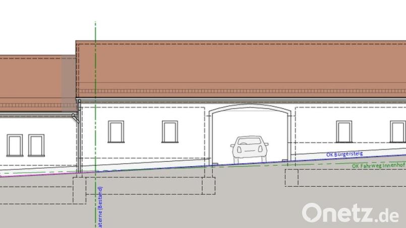 Beim Bau der Quartiersgarage soll zur Philipp-Mühlmayer-Straße hin eine Häuserfront als Kulisse entstehen. Dahinter sollen acht Parkplätze unter dem Dach sowie drei Parkplätze auf dem Gelände geschaffen werden. Grafik: Architektur Schabner/exb