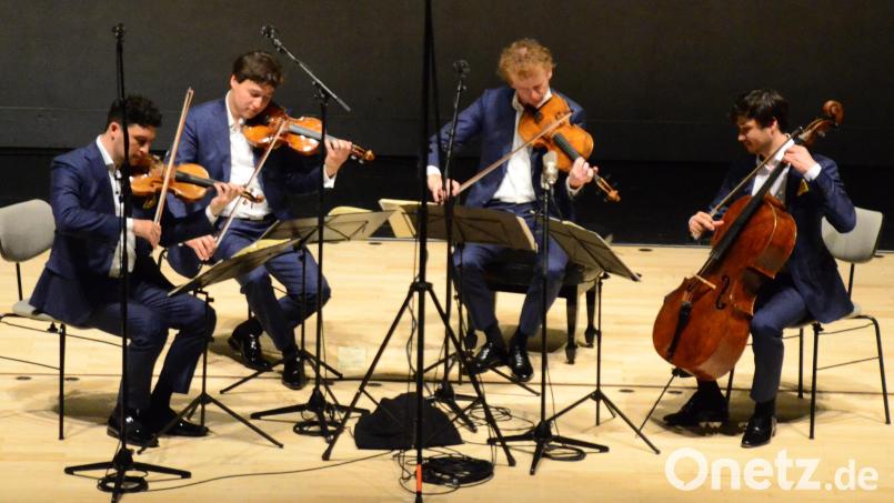 Das &quot;Schumann Quartett&quot; füllt dank seiner Klanggewalt die Bühne der Max-Reger-Halle. Bild: Kunz