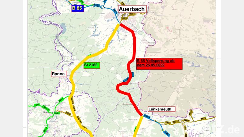 Die B 85 wird ab 25. Mai zwischen Lunkenreuth und Auerbach gesperrt.Die Umleitung ist ausgeschildert. Repro: Staatliches Bauamt Amberg-Sulzbach,Stefan Noll/exb