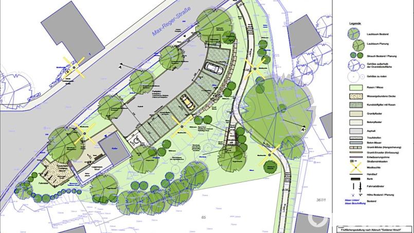 Parkplätze, eine E-Ladesäule, Sitzbänke und reicher Bewuchs werden in den neuen Planungen rund um das ehemalige Gasthaus &quot;Goldener Hirsch&quot; bedacht. Ein Tante-Emma-Laden ist an diesem Standort nicht mehr vorgesehen. Bild: Landschaftsarchitektin Marion Schlichtiger/exb