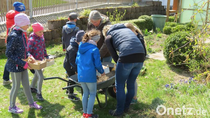 Die teilnehmenden Kinder an der Aktion &quot;Vielfaltskiste&quot; bepflanzen nach eigenen Ideen ihre Holzkiste mit Unterstützung der Gartenbauvereinsmitglieder. Bild: tja