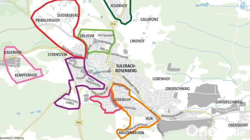 Das Wasserleitungsnetz in Sulzbach-Rosenberg ist bislang zur besseren Lokalisierung von Wasserverlusten in sieben Zonen aufgeteilt. Grafik: Marina Gube/Oberpfalz-Medien