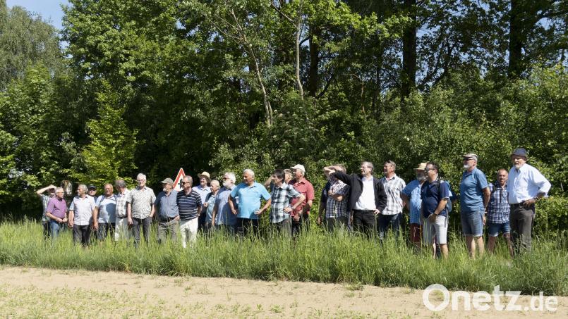 Pfarrer Norbert Götz zeigt den Freudenberger Wanderfreunden auf dem Weg zum Fahrenberg am Horizont die Windräder vom Oberland von seiner ehemaligen Pfarrei Wutschdorf. Bild: bas