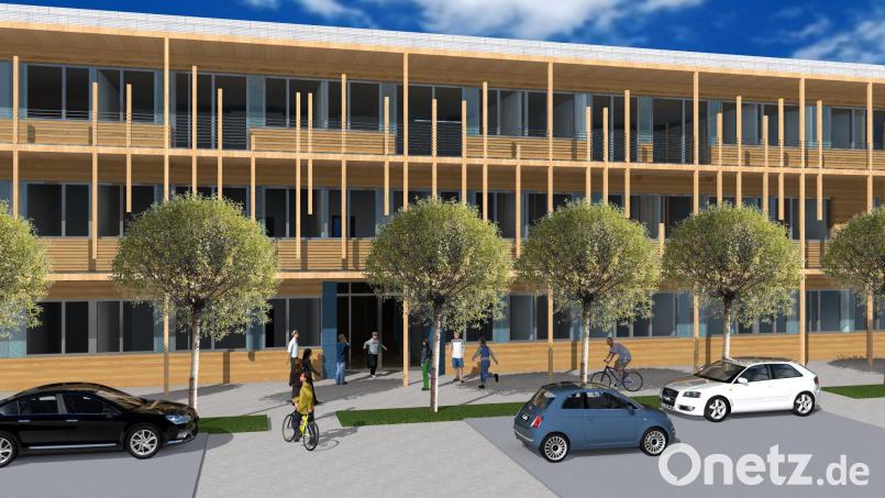 So soll die Fassade der neuen Maria-Schwägerl-Schule (Sonderpädagogisches Förderzentrum) aussehen. Der Neubau zieht eine Neuordnung der Schulsportplätze nach sich. Bild: Architekturbüro Knipl, Pracht und Partner/exb