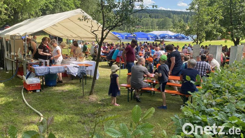 Beim Sommerfest der Freien Wähler am Bursweiher sind Tische und Bänke voll besetzt. Bild: Josef Glas