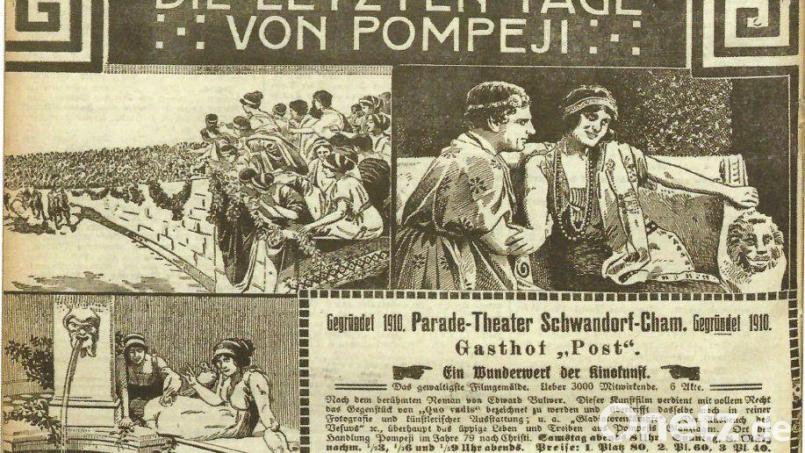 Einer der ersten Filme, die in Schwandorf gezeigt wurden, war „Die letzten Tage von Pompeji“ im Kino „Parade-Theater“, das im Gasthof Post am Marktplatz untergebracht war. Bild: Fischer/Stadtarchiv Schwandorf/exb
