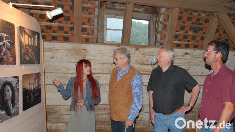 Bei der Vernissage Nina Schütz (von links) im Gespräch mit Heimatpfleger Albert Kräuter aus Vilshofen, Paul Böhm und Markus Mehringer. Bild: pop