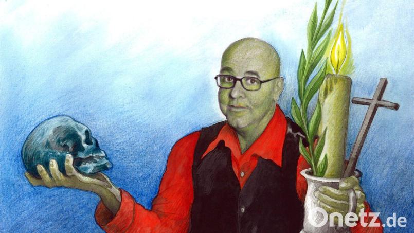So sieht sich Alfred Gerhards alias &quot;Globo&quot; selbst auf dem Plakat zu seinem Vortrag „Das Lächeln am Fuße der Bahre“. Bild: Gabriel Feuerstein/exb