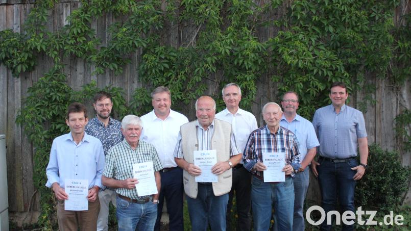 Bei der Ehrung waren dabei (erste Reihe von links) Michael Polster, Karl Scharl, Herbert Braun und Georg Forster sowie (zweite Reihe von links) Harald Meier, Bürgermeister Stefan Braun, Landtagsabgeordneter Harald Schwartz, zweiter Bürgermeister Andreas Otterbein und Jürgen Rubenbauer. Bild: aun