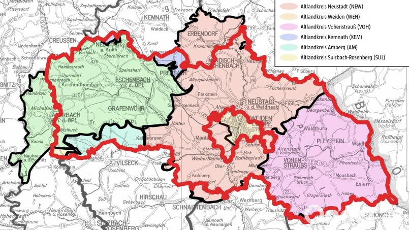 Der Altlandkreis Neustadt/WN mit den ehemaligen Landkreisen Eschenbach und Vohenstrauß vor der Gebietsreform sowie der heutige Landkreis Neustadt. Grafik: Oberpfalz-Medien; Quelle: Landesamt für Vermessung (Geodaten), Regierung der Oberpfalz