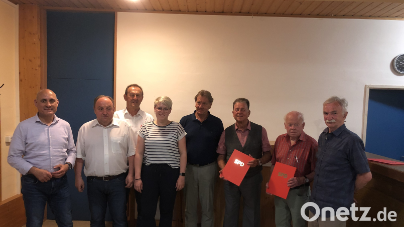 Mitgliederehrung bei der SPD Haselmühl-Kümmersbruck (von links): Europaabgeordneter Ismail Ertug, Vorsitzender Hans Hartinger, Bezirksrat Richard Gaßner, Fraktionsvorsitzende Lisa Hartinger, Helmut Bauer, Armin Nentwig, Josef Meiler und Karl Vollmer. Bild: exb