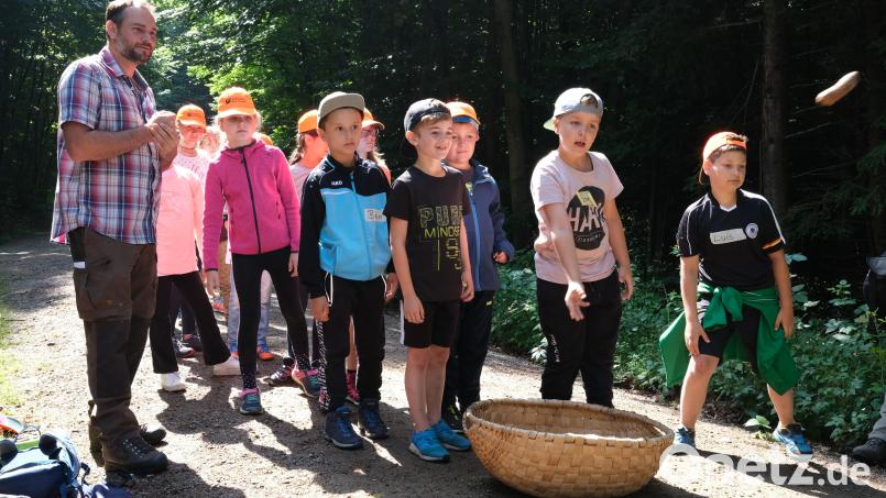 Zapfen-Zielwerfen war eine der Aufgaben bei den Waldjugendspielen. Das Bild zeigt die Drittklässler der Grundschule Schönsee in Aktion. Links Forstpate Fabian Pscheidt. Bild: Hirsch