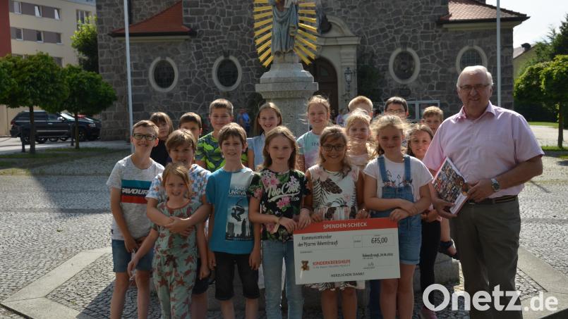 Die Erstkommunionkinder überreichen 675 Euro an Herbert Putzer von der Kinderkrebshilfe in der Region Oberpfalz Nord. Ideengeberin der Spendenaktion war Selina Arlt (vorne, Mitte) deren Schwester selbst schwer erkrankt ist. Bild: dob