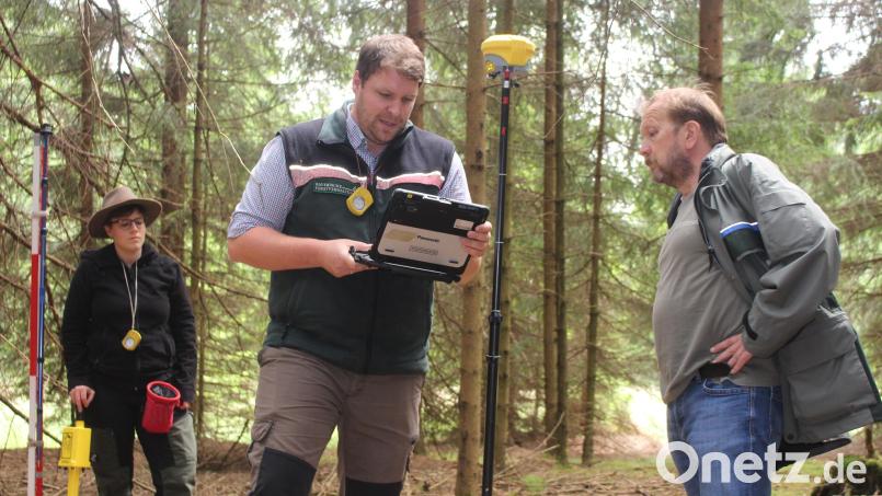 Der Laptop ist das wichtigste Instrument von Wolfgang Stöger (Mitte), der mit Leonie Gass (links) und Moritz Neumann (rechts) derzeit unterwegs ist, um den Zustand der Wälder präzise zu dokumentieren. Bild: Neidhardt/fph