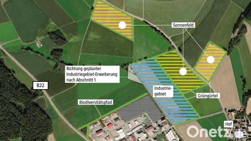 Die schraffierten Flächen zeigen im nicht maßstabsgetreuen Überblick das geplante nachhaltige Industriegebiet Oberviechtach (NIG-OVI). Grafik: Oberpfalz-Medien (Quelle: Rathaus Oberviechtach)
