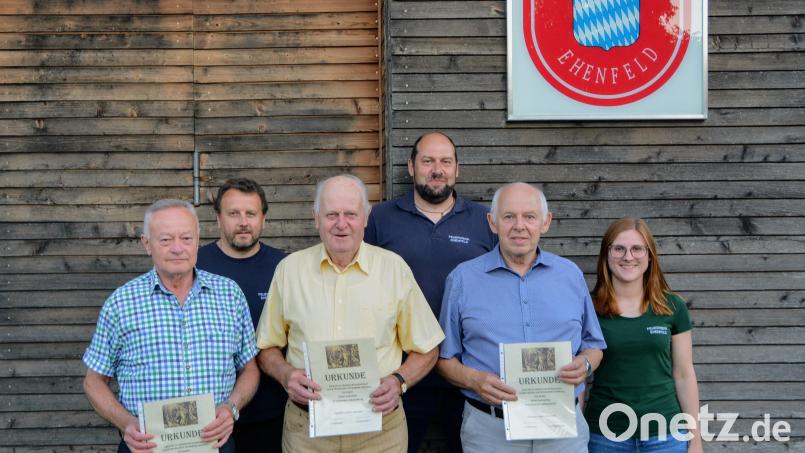 Die Kommandanten Christian Lenk und Klaus Schlosser sowie Zweite Vorsitzende Selina Dorner (hinten, von links) ehren treue Mitglieder. Von diesen sind anwesend (vorn, von links): Anton Basler, Georg Schlosser und Sebastian Mayer. Bild: fdl