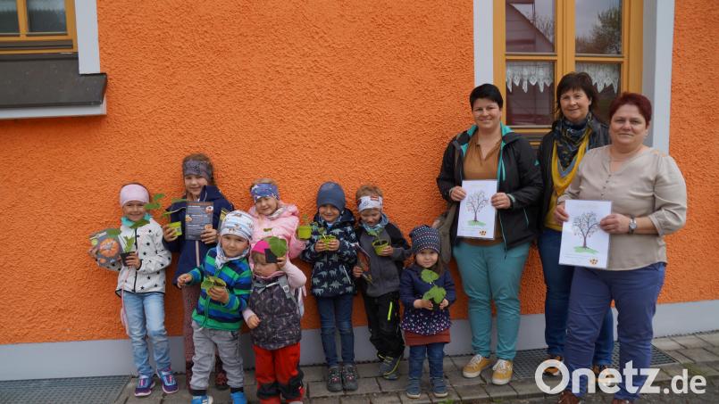 Startschuss für den diesjährigen Wettbewerb: Angelika Failer und Johanna Meixensberger vom Vorstand des GOV Thanstein überreichen mit Christina Mühlbauer (von rechts) die jungen Kürbispflänzchen an die kleinen Teilnehmer. Bild: amö