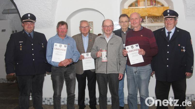 Bei der Jahreshauptversammlung der Feuerwehr Falkenberg wurden langjährige Mitglieder ausgezeichnet. Im Bild die Geehrten mit Vorsitzendem Hubert Schedl (rechts) und Stellvertreter Josef Bauer. Bild: wro