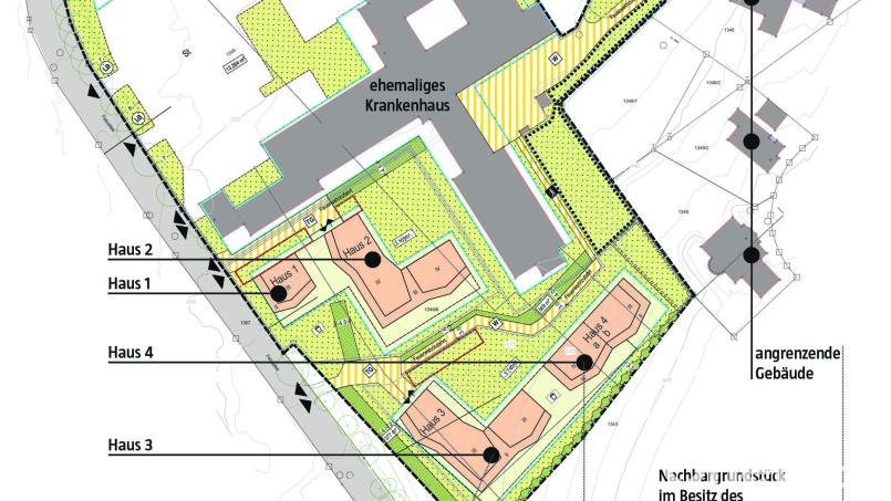 Der öffentlich ausliegende Bebauungsplan für das ehemalige Krankenhausareal in Neustadt sieht fünf neue Gebäude rund um die ehemalige Klinik vor. Grafik:  Martin Zimmer - NT/AZ; Quelle: Architektur Pfaller