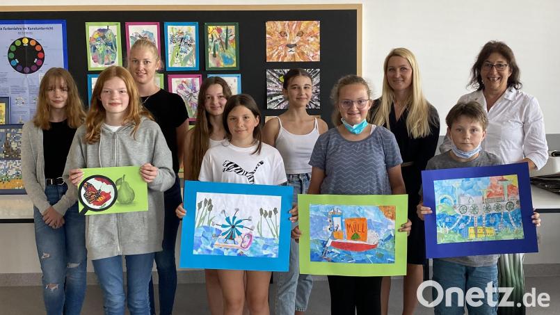 Waren beim Europäischen Wettbewerb erfolgreich: Rebecca Höreth, Anna Hausmann, Studienrätin Verena Götz, Elisa-Marie Kurzwart, Anne Bäumler, Juna Straller, Franziska Rankl, Fachlehrerin Bettina Selch, Xaver Lang, Realschuldirektorin Hannelore Reil-Heining (von li). Bild: Eva Plössl/exb