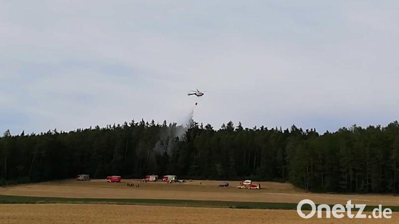 Ein Hubschrauber der Polizei kam der Feuerwehr beim Waldbrand in Oberköblitz zu Hilfe. Bild: slh