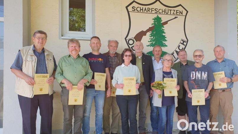 Geehrt wurden (von links) Wilfried Neuber (45 Jahre), Rudi Krippner (50), Tobias Ippisch (30), Albert Fink (50), Marianne Köppl (30), Willi Ippisch (45), Monika Troppmann (25), Michael Trapp (45), Anton Frey (45), Antonius Werner (30) von 2. Schützenmeister Günter Gilch (6. von links). Bild: Franz Herdegen/exb