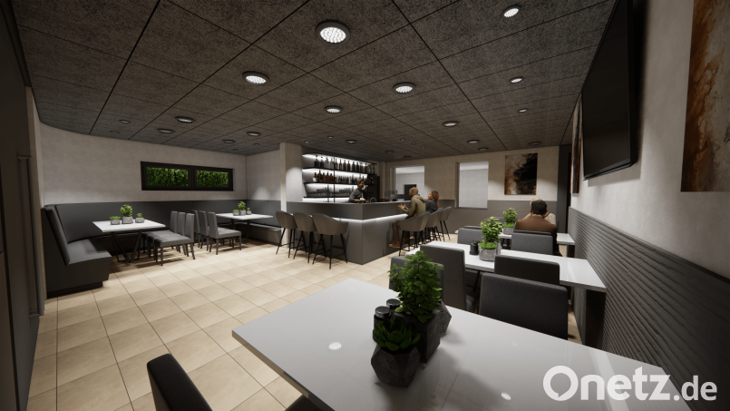 Eine Visulisierung des zentralen Gaststättenraumes mit der Theke in der Stadthalle – hier in Grau gehalten. Grafik: m3plan