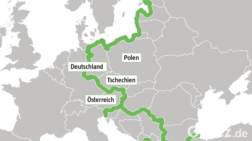 Das Grüne Band auf dem ehemaligen Eisernen Vorhang zieht sich längs durch ganz Europa. Außer in Deutschland verläuft es auf Ländergrenzen. Grafik: Marina Gube