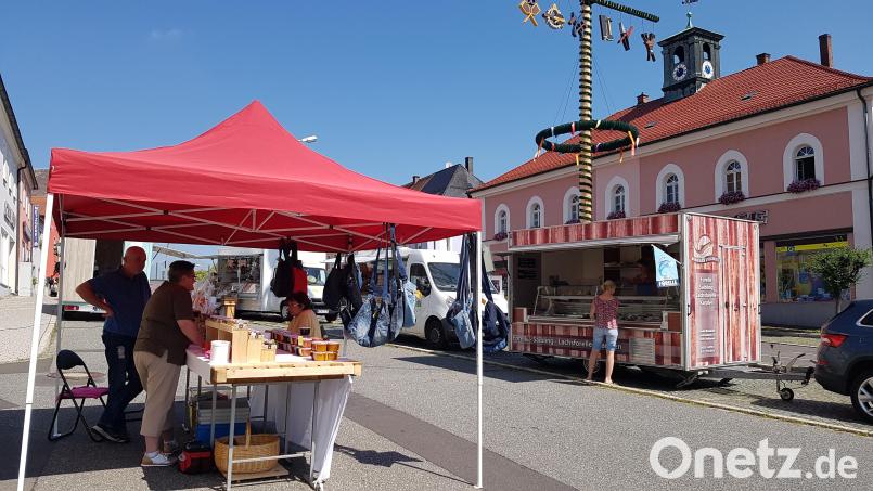 Verkaufsstände mit Pavillon und fahrbare Verkaufsmobile bieten jeden Freitag von 8 bis 13 Uhr auf dem Marktplatz in Erbendorf ihre regionalen Produkte an, teils auch in Bioqualität. Bild: ban
