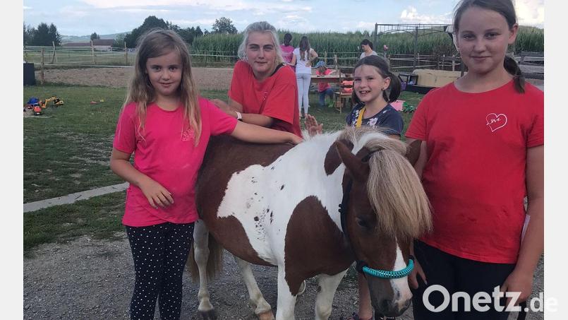 Das Shetty-Pony &quot;Faromino&quot; ließ die Streicheleinheiten der Kinder gerne über sich ergehen. An dem hinteren Tisch stand dagegen Basteln auf dem Programm. Bild: gz