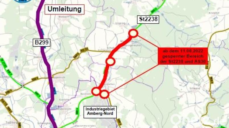 Die Staatsstraße 2238 wird zwischen Bernricht und Urspring und der Kreisstraße AS 30 ab Donnerstag, 11. August, gesperrt. Der Verkehr wird umgeleitet. Bild: Staatliches Bauamt Amberg-Sulzbach/exb