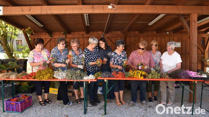 Neun Frauen haben im Pfarrgarten in Tirschenreuth 360 Kräuterbuschen gebunden. Noch gab es ausreichend Material, aber laut Auskunft der Damen war es schwer, bei der Dürre genug an Wildkräutern zu finden. Bild: ubb