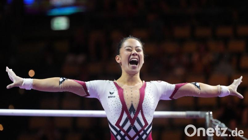 Die deutschen Turnerinnen um Kim Bui gewinnen bei den European Championships Bronze im Teamwettbewerb. Bild: Soeren Stache/dpa