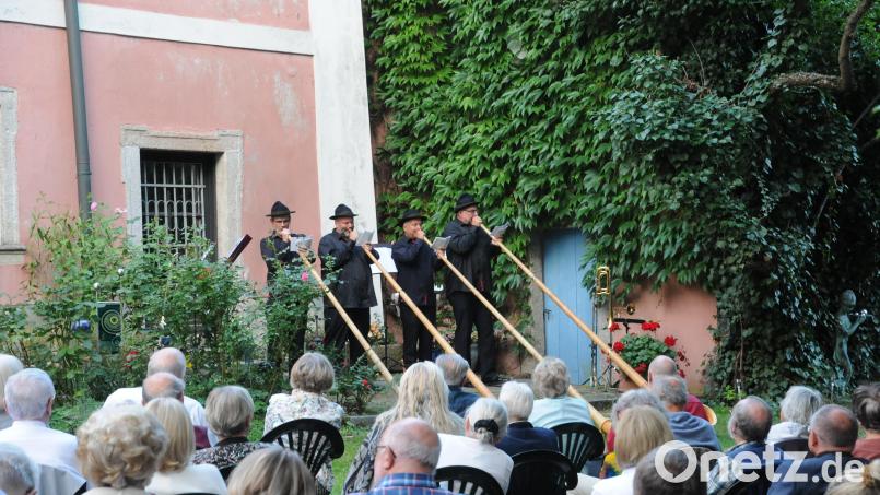 Das Quartett 2007 ALPUS 4 bot mit den vier Meter langen Al´phörnen einen begeisternden Aufritt im alten Wurzer Pfarrhof. Bild: bey