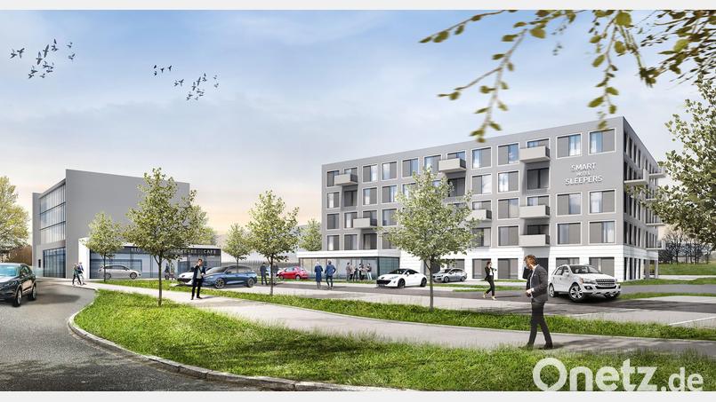 Mit dieser Visualisierung stellte die KRE-Group im Januar 2020 das geplante Hotel (rechts) am Schwandorfer Brunnfeld vor. Für das zweite Gebäude (links) sind eine Bäckerei und Büros im Gespräch. Bild: KRE Group/exb