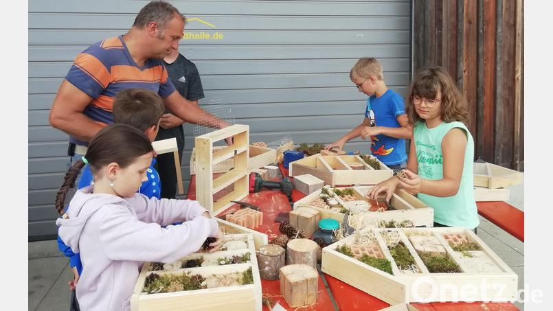 Stefan Forster hilft den Kindern beim Bauen der Insektenhotels. Bild: Irmgard Forster/exb