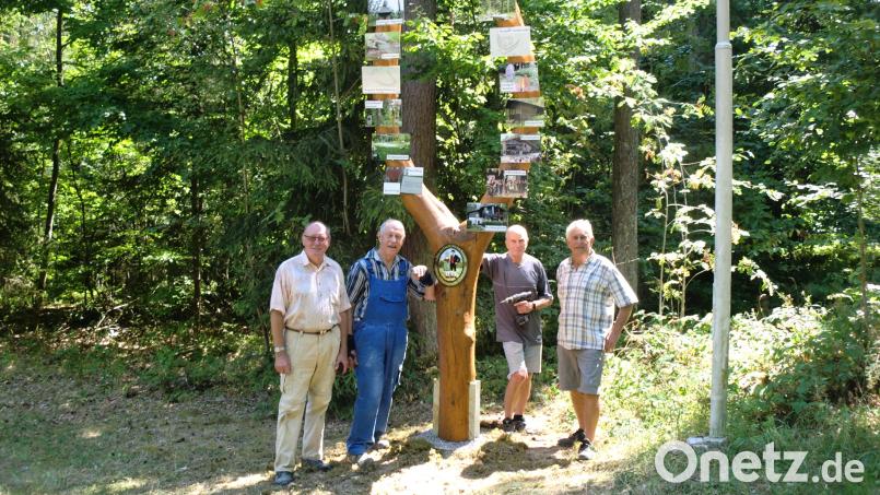 Einen Sehenswürdigkeitenbaum stellen Mitglieder des Heimat- und Volkstumsvereins Ehenbachtaler am Buchberg-Parkplatz auf (von links): Zweiter Vorsitzender Hans Grieger, Erster Vorsitzender Erwin Meier, Gerhard Häckl und HVV-Wanderwart Heinz Gebhardt. Bild: sh