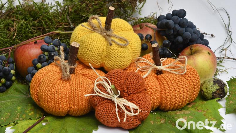 Hübsche Herbst-Deko, leicht nachzumachen: Gestrickte Kürbisse. Bild: Petra Hartl