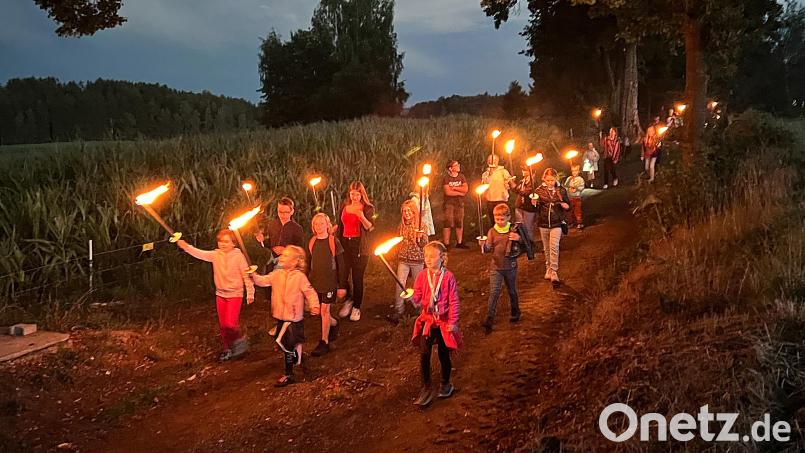 Mit viel Bedacht trugen die Ferienkinder ihre Fackeln während der Wanderung nach Thumsenreuth. Bereits unterwegs freuten sie sich auf das Grillen der Würstchen über dem Lagerfeuer. Bild: vsr