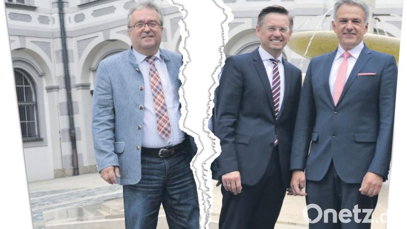 Es geht ein Riss durch die CSU. Die Parteistrategen schicken Toni Dutz (links) nicht mehr ins Rennen um einen Sitz im Oberpfälzer Bezirkstag. Der Tirschenreuther CSU-Kreisvorsitzende MdL Tobias Reiß (Mitte) wird bei der Delegiertenversammlung in Kemnath Landrat Roland Grillmeier (rechts) als Nachfolger vorschlagen. Bildmontage: Christian Gold/Archivbild: rti