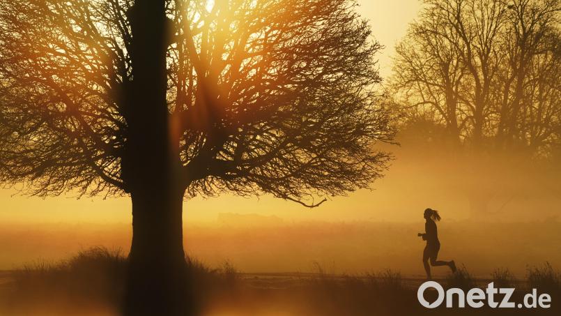 Eine Frau joggt auf einem Weg, während am Horizont die Sonne aufgeht. +++ dpa-Bildfunk +++ Bild: Jonathan Brady
