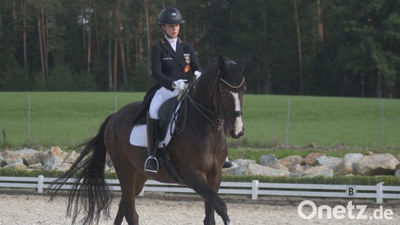 Jana Lang aus Schmidgaden wurde beim Dressurturnier des RC Münchsgrün mit ihrem Hannoveraner-Hengst „Davy Jones“ der Favoritenrolle gerecht. Bild: otr