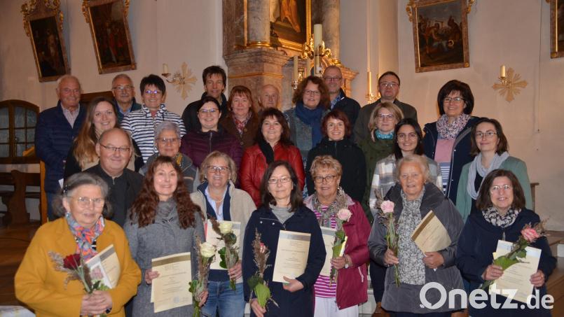 Urkunden und Blumen für langjähriges Singen im Kirchenchor erhielten (vorne von links) Inge Schraml, Siegfried Vetter, Gabi Scharf, Laura Kreuzer, Christine Sollfrank, Gerda Ogermann, Hedwig Bäuml und Lydia Fröhlich. Bild: ak