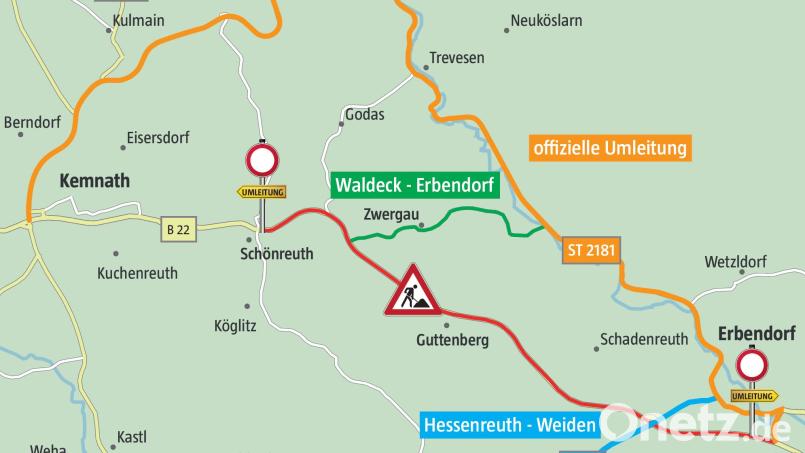 Ab Montag,17. Oktober, wird die Anschlussstelle der B 299 und der B 22 bei Erbendorf für den Verkehr gesperrt. Grafik: Marco Meier