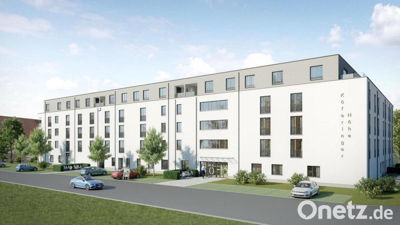 So soll es auf der „Köferinger Höhe“ einmal aussehen: Neben 40 seniorengerechten Wohnungen entsteht auch dieser Gebäudekomplex mit 72 Pflegeappartements. Grafik: INREAL/Bayern Care GmbH