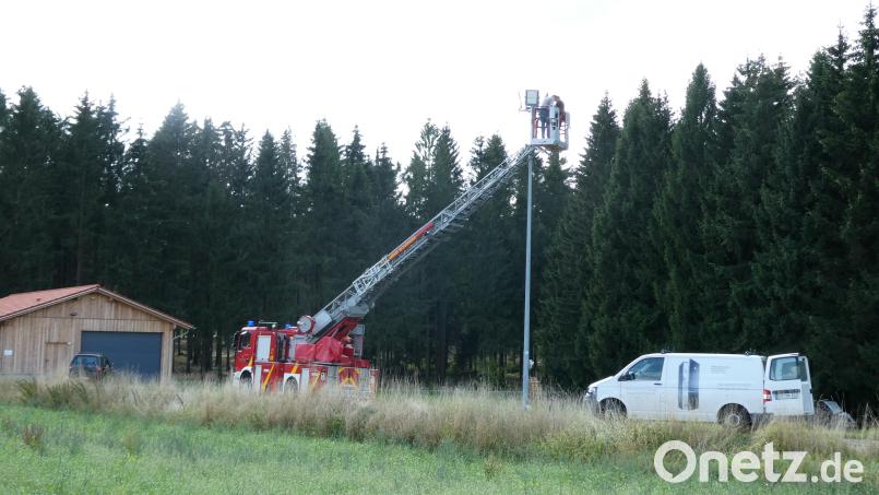 Dank der Drehleiter der FFW-Schönsee, bedient von Manfred Ehrenthaler vom Bauhof, geht die Montage der neuen, energiesparenden Scheinwerfer schnell und kostengünstig über die Bühne. Bild: eib