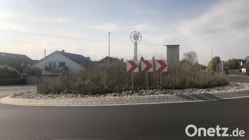 Die Blumenwiese in der Mitte des Kreisverkehrs hat sich als unpraktisch herausgestellt. Nun wird Rasen angesät. Bild: sei
