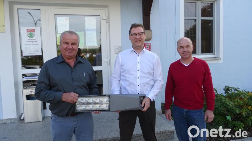 Der Kommunalberater des Bayernwerks, Wolfgang Dumm (Mitte), stellte die neuen Beleuchtungselemente in der LED-Technik vor. Bild: Gemeinde Schmidgaden/exb