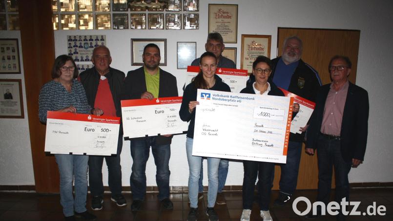 3000 Euro vergibt die Badbaustiftung mit Vorsitzendem Josef Sirtl (Zweiter von links) und 2. Vorsitzendem Werner Walberer (rechts) als Spende an fünf Pressather Vereine: TSV-Vizevorsitzende Gerlinde Reichl (links), Jugendleiterin Verena Wallner und Vorsitzende Sabine Wittmann (beide Wasserwacht, vorn), Schützenmeister Kay Müller von Eichenlaub Pressath (hinten: Dritter bis Fünfter von links), Vizevorsitzender Roman Kastl (DJK Pressath) und Schützenmeister Markus Merkl (Waldlust Riggau). Bild: bjp
